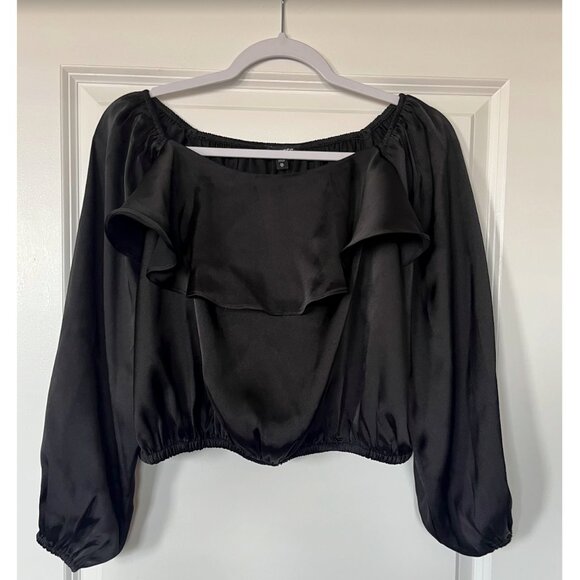 Express Black Satin Off-the-Shoulder Ruffle Top - Picture 2 of 3